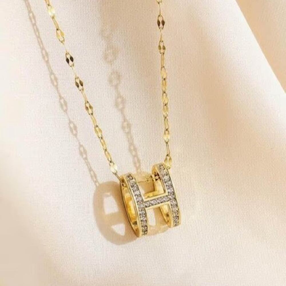 18K Gold Plated “H” Pave Rhinestone Pendant Necklace